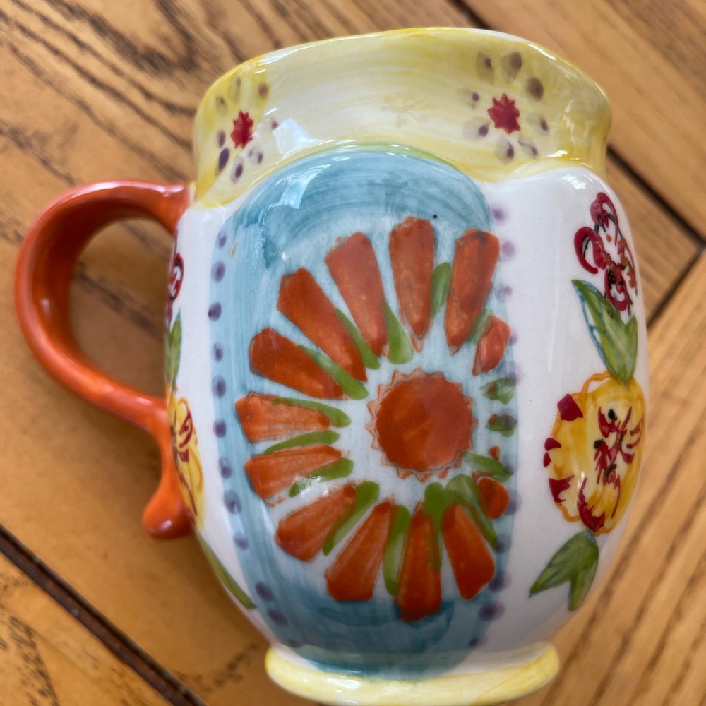 Colorful ! Biscuit for Anthropologie Coffee Mug or Cup 10 oz Sunflowers Pansies